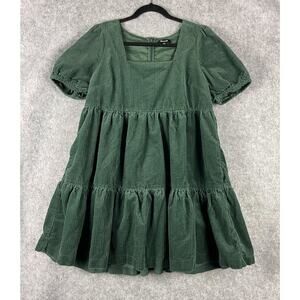 Madewell Corduroy Aidy Dress Womens 10 Green Square Neck Tiered Babydoll Holiday